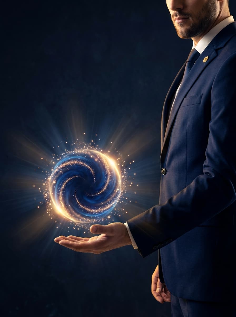 A business leader holding a glowing royal-blue and gold sphere of AI energy in an open hand