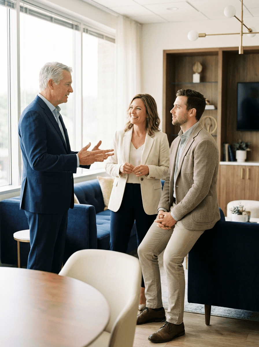 Three business leaders across generations in conversation in a bright modern office
