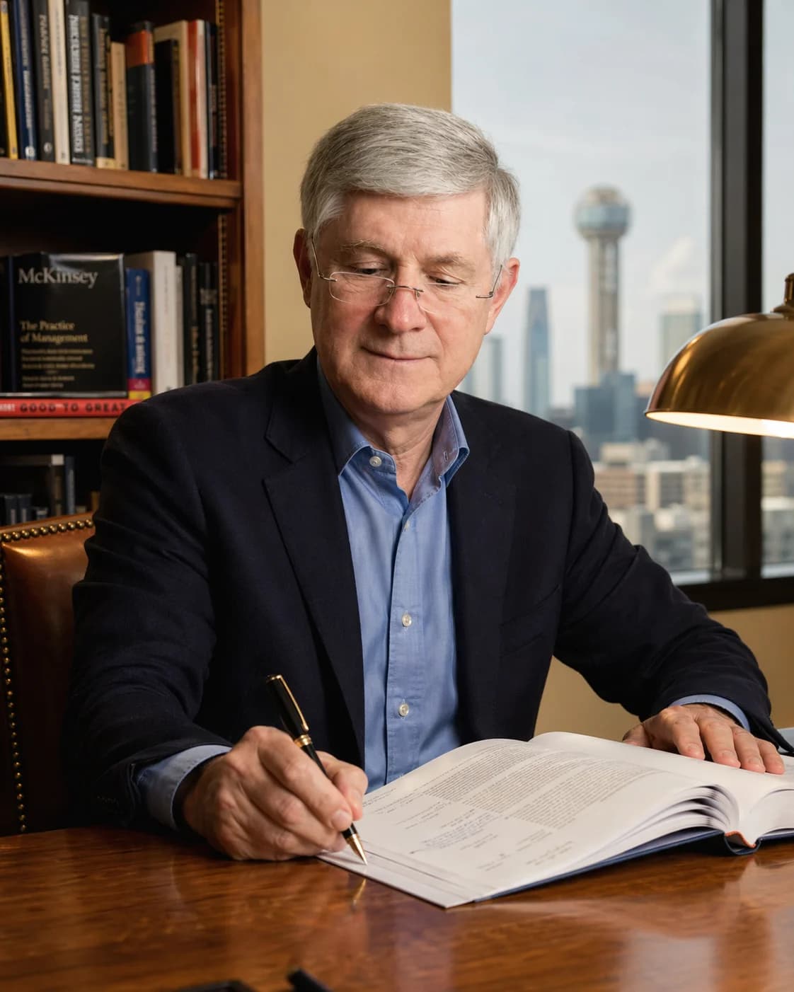 Richard Voreis at his Dallas desk annotating a Strategic Assessment findings report — fountain pen in hand, reading glasses low on his nose, Dallas skyline visible through the window.
