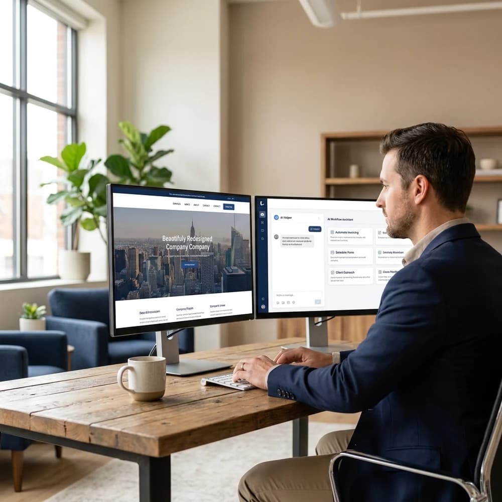 A business owner in a bright modern office reviewing a redesigned company website on one screen and an AI workflow assistant on another — a clean, professional site next to a practical automation dashboard.