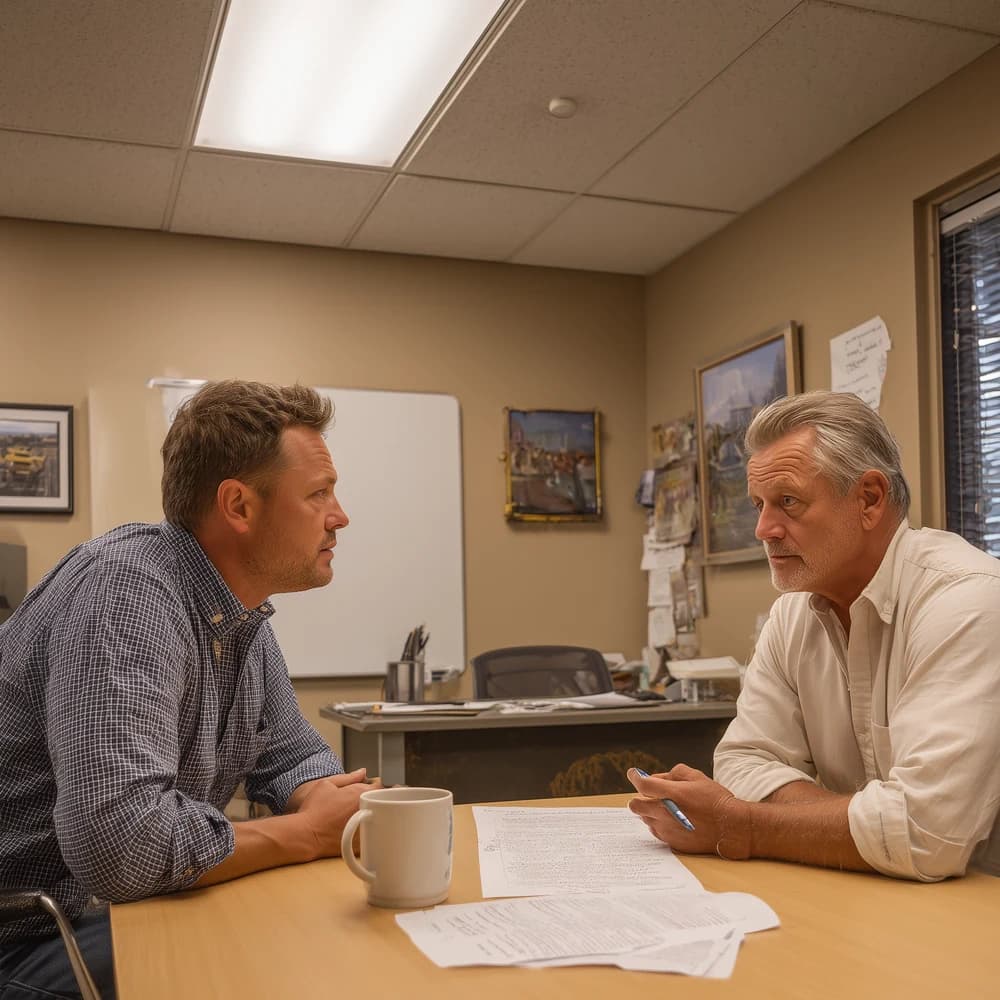 Senior Consulting Collaborative consultant in an open-collar shirt conducting a confidential one-on-one Strategic Assessment interview with a mid-market plant manager across a meeting table, with the printed questionnaire and a coffee mug in front of them.