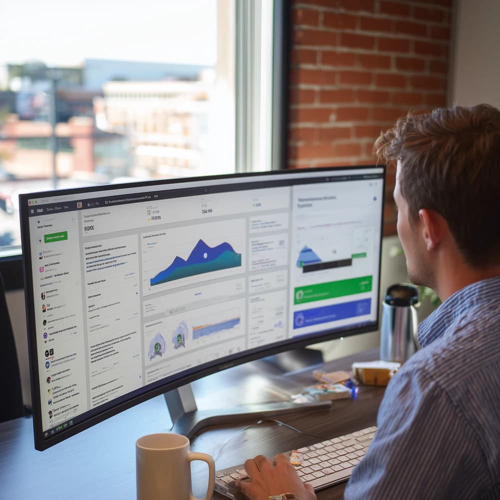Mid-market marketing strategist in an open-collar shirt working at a desk reviewing a multi-channel analytics dashboard on a curved widescreen monitor — website traffic, social engagement, SEO rankings, and an AI-assisted content pipeline visible side by side, with a coffee mug and exposed brick wall in frame.