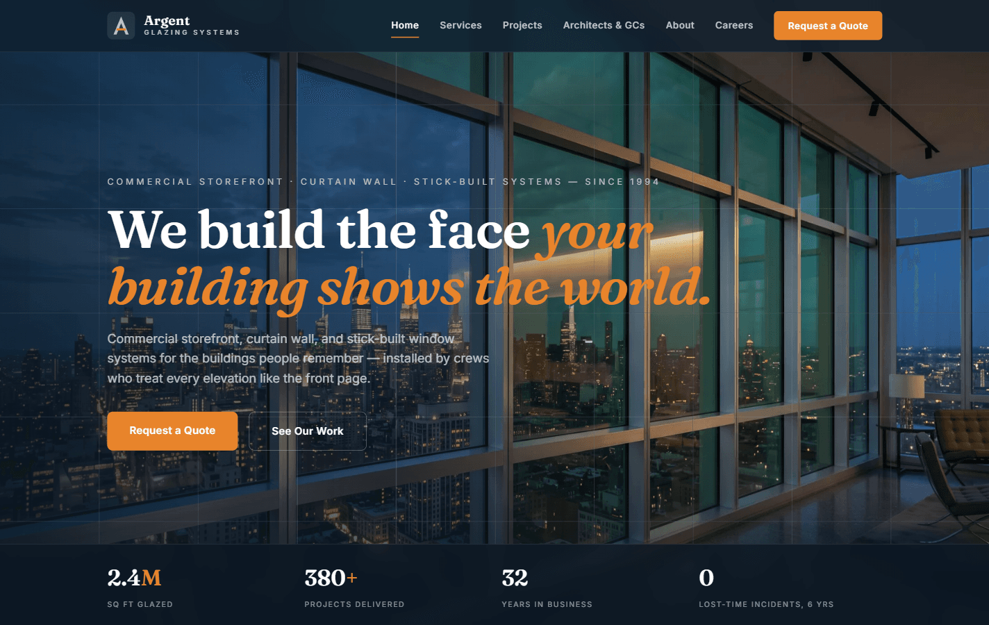 The Argent Glazing Systems demo website homepage — a full-bleed curtain wall photograph with the headline 'We build the face your building shows the world.'