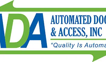 ADA logo, large blue and green ADA letters on left with "Automated Doors and Access, Inc; "Quality is Automatic" on right