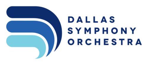 Dallas Symphony Orchestra logo, Dallas Symphony Orchestra in blue font on right and abstract "D" in 3 different blues on left
