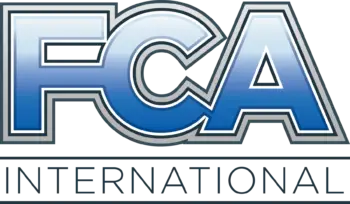 FCA logo, FCA in large blue font on top with the word International in thin black font at the bottom