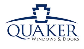 Quaker Windows and Doors logo, dark blue font with keystone symbol above Quaker Windows and Doors