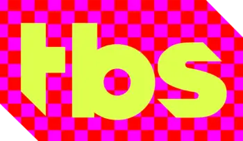 TBS logo, red and pink checkered background with yellow tbs lowercase letters on top