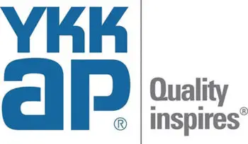 YKK AP logo, YKK AP in blue font on the left side and "Quality Inspires" in small gray font on the right side